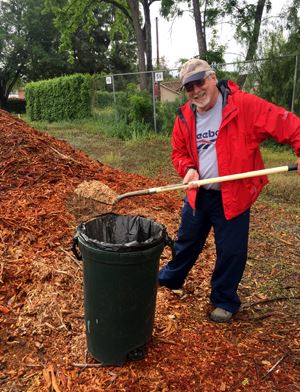 Man Shoveling Mulch into Trash Can at Free Mulch Day
